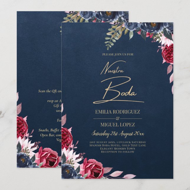Navy Blue Berry Floral Burgundy Winter Fall Invitation (Front/Back)