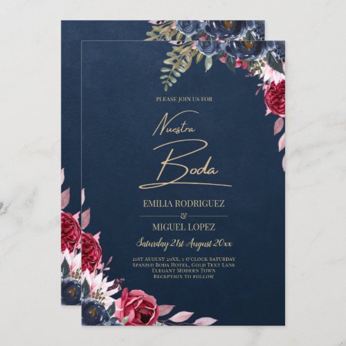 Navy Blue Berry Floral Burgundy Winter Fall Invitation