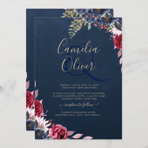 Navy Blue Berry Floral Burgundy Winter Fall Invitation