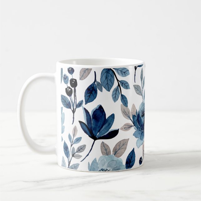 Navy Blue Berry Floral Watercolor Pattern Coffee Mug (Left)