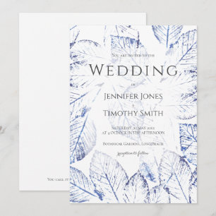 Navy blue birch  leaves nature wedding in  white  invitation