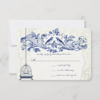 Navy Blue Birdcage Oak Vintage Birds Wedding RSVP Card
