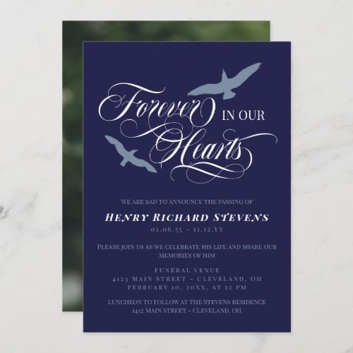 Navy Blue Birds Forever In Our Hearts Funeral Invitation