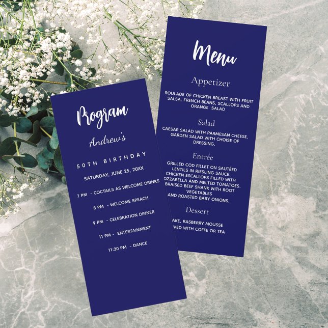 Navy blue birthday program dinner menu card (Creator Uploaded)