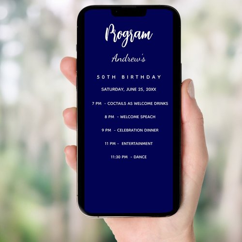 Navy blue birthday program dinner menu card