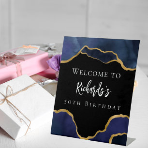 Navy blue black agate welcome birthday pedestal sign
