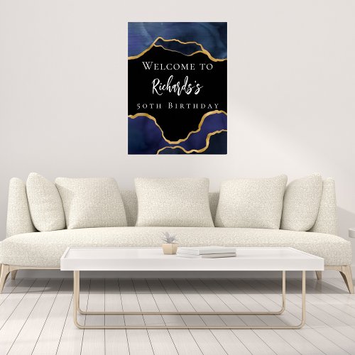 Navy blue black agate welcome birthday poster