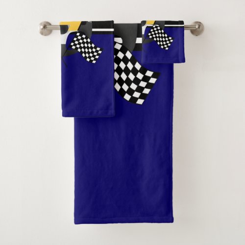 Navy Blue Black and White Checkered Racing   Bath Towel Set