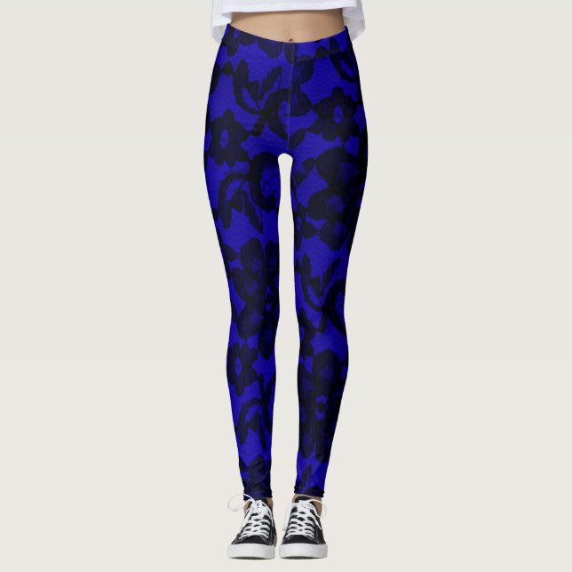 Navy Blue & Black Elegant Lace Spandex Leggings (Front)