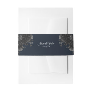 Navy Blue Black Floral Wedding Invitation Belly Band