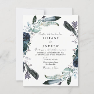 Navy Blue Black Floral Wreath Wedding Invitation