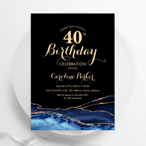 Navy Blue Black Gold Agate 40th Birthday Invitation