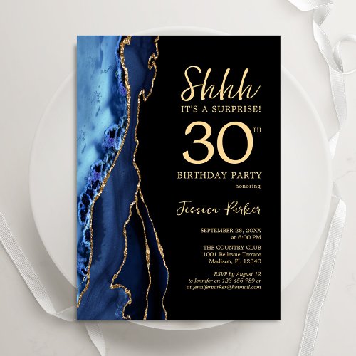 Navy Blue Black Gold Agate Surprise 30th Birthday Invitation