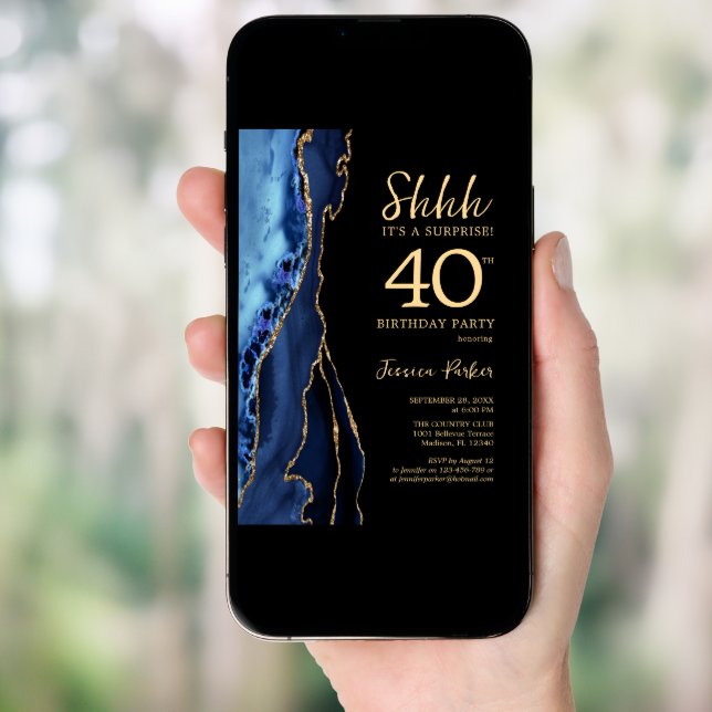 Navy Blue Black Gold Agate Surprise 40th Birthday Invitation (Front Digital)