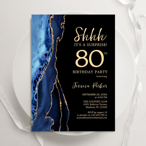 Navy Blue Black Gold Agate Surprise 80th Birthday Invitation