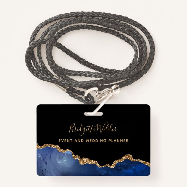 Navy Blue Black Gold Foil Agate Event Planner Badg Badge (Front with Lanyard)