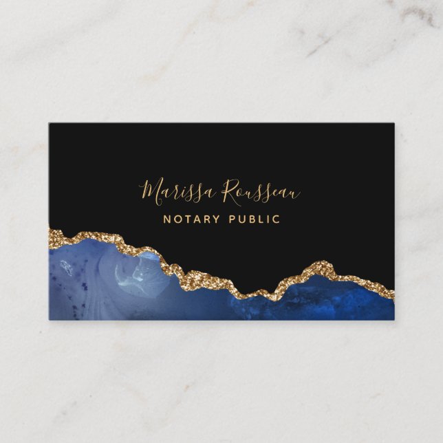 Navy Blue Black Gold Foil Agate Notary Public Business Card (Front)