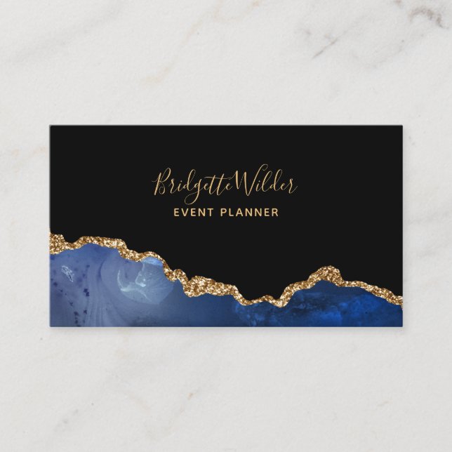 Navy Blue Black Gold Glitter Agate Event Planner Business Card (Front)