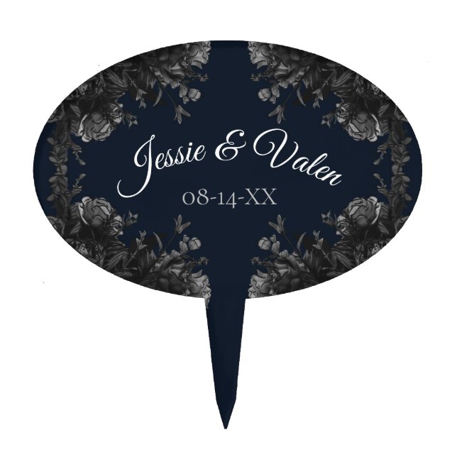 Navy Blue Black Grey Roses Gothic Wedding Cake Topper (Front)