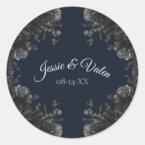 Navy Blue Black Grey Roses Gothic Wedding Classic Round Sticker