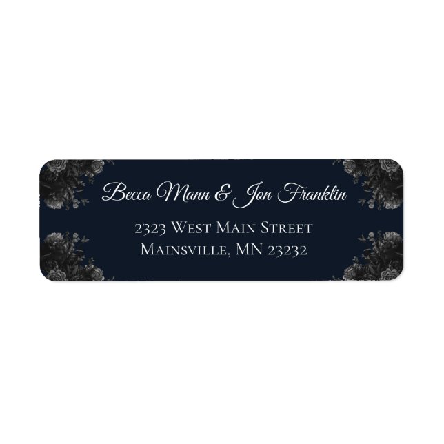 Navy Blue Black Grey Roses Gothic Wedding Label (Front)