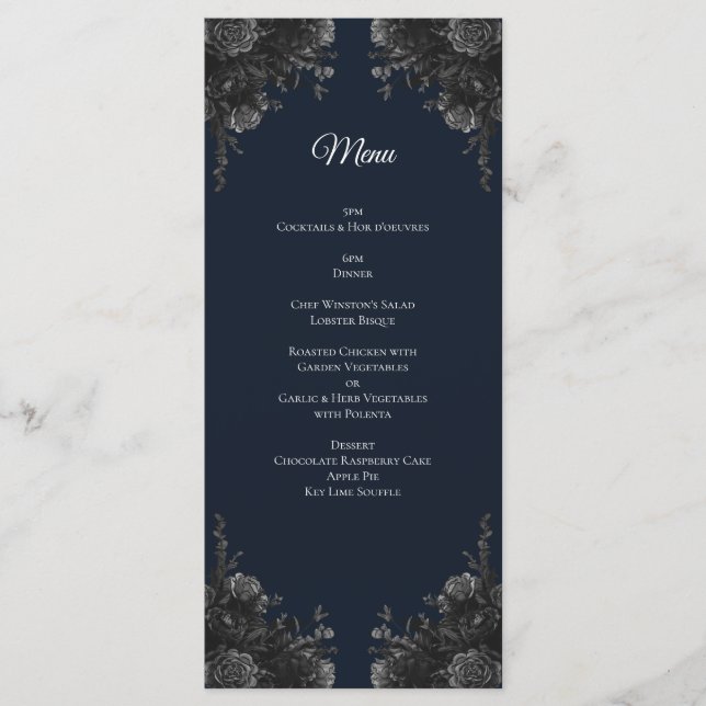 Navy Blue Black Grey Roses Gothic Wedding Menu (Front)