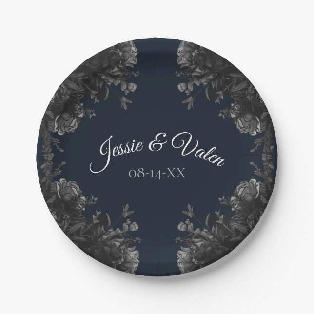Navy Blue Black Grey Roses Gothic Wedding Paper Plates (Front)