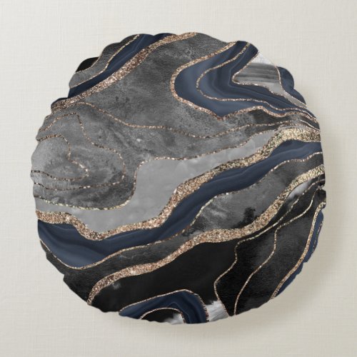 Navy Blue Black Marble Agate Gold Glitter Glam 1  Round Pillow