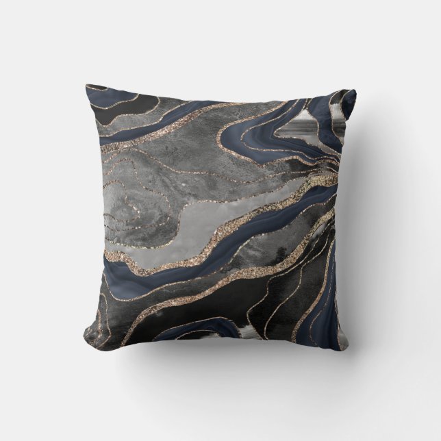 Navy Blue Black Marble Agate Gold Glitter Glam #1  Throw Pillow (Front)