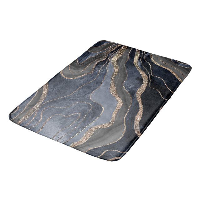 Navy Blue Black Marble Agate Gold Glitter Glam #2  Bath Mat (Angled)