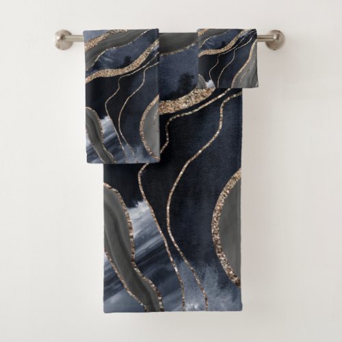 Navy Blue Black Marble Agate Gold Glitter Glam 2  Bath Towel Set