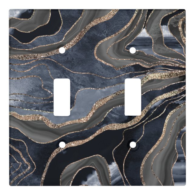 Navy Blue Black Marble Agate Gold Glitter Glam #2  Light Switch Cover (Front)