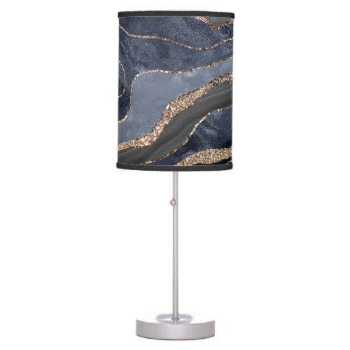 Navy Blue Black Marble Agate Gold Glitter Glam 2  Table Lamp