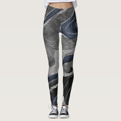 Navy Blue Black Marble Agate Silver Glitter Glam 2 Leggings