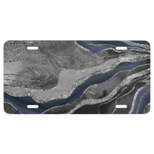Navy Blue Black Marble Agate Silver Glitter Glam 2 License Plate
