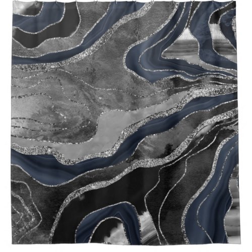 Navy Blue Black Marble Agate Silver Glitter Glam 2 Shower Curtain