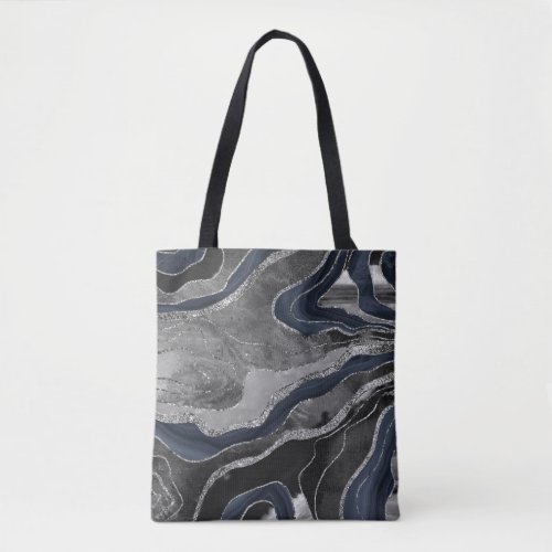 Navy Blue Black Marble Agate Silver Glitter Glam 2 Tote Bag