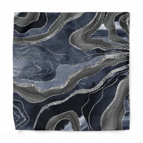 Navy Blue Black Marble Agate Silver Glitter Glam  Bandana