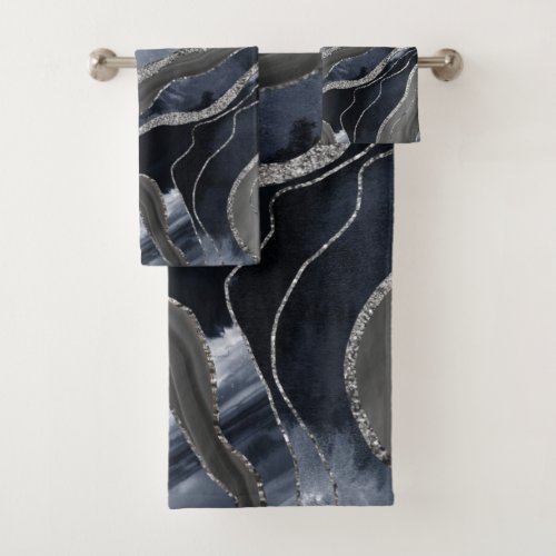 Navy Blue Black Marble Agate Silver Glitter Glam  Bath Towel Set