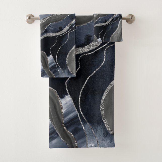 Navy Blue Black Marble Agate Silver Glitter Glam  Bath Towel Set (Insitu)