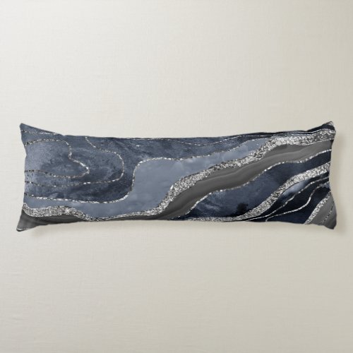 Navy Blue Black Marble Agate Silver Glitter Glam  Body Pillow