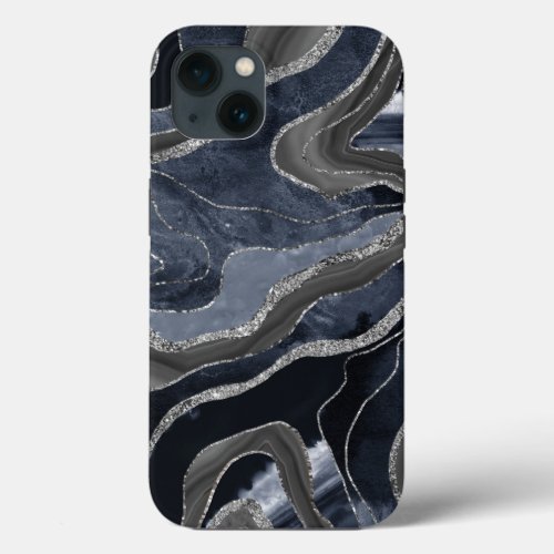 Navy Blue Black Marble Agate Silver Glitter Glam  iPhone 13 Case