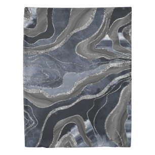 Navy Blue Black Marble Agate Silver Glitter Glam Duvet Cover