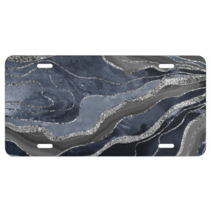 Navy Blue Black Marble Agate Silver Glitter Glam License Plate