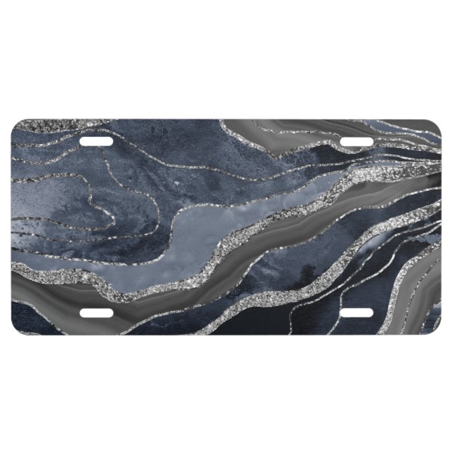 Navy Blue Black Marble Agate Silver Glitter Glam  License Plate (Front)
