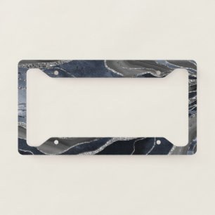 Navy Blue Black Marble Agate Silver Glitter Glam License Plate Frame