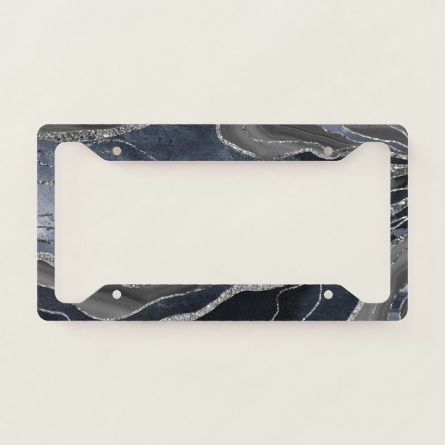 Navy Blue Black Marble Agate Silver Glitter Glam  License Plate Frame (Front)