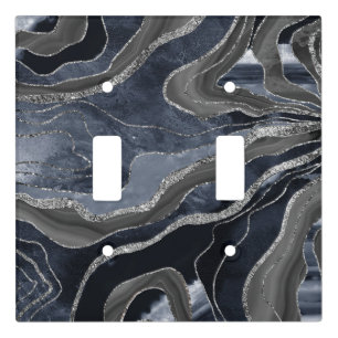 Navy Blue Black Marble Agate Silver Glitter Glam Light Switch Cover