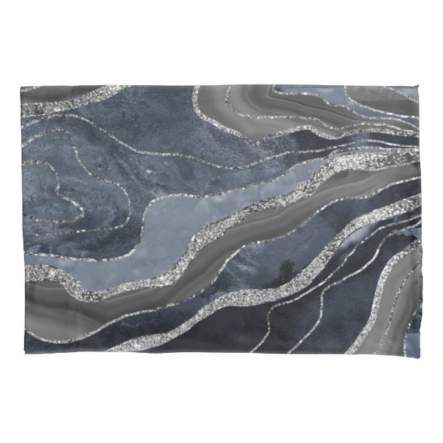 Navy Blue Black Marble Agate Silver Glitter Glam  Pillow Case (Front)