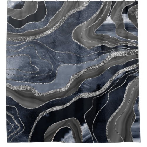 Navy Blue Black Marble Agate Silver Glitter Glam  Shower Curtain